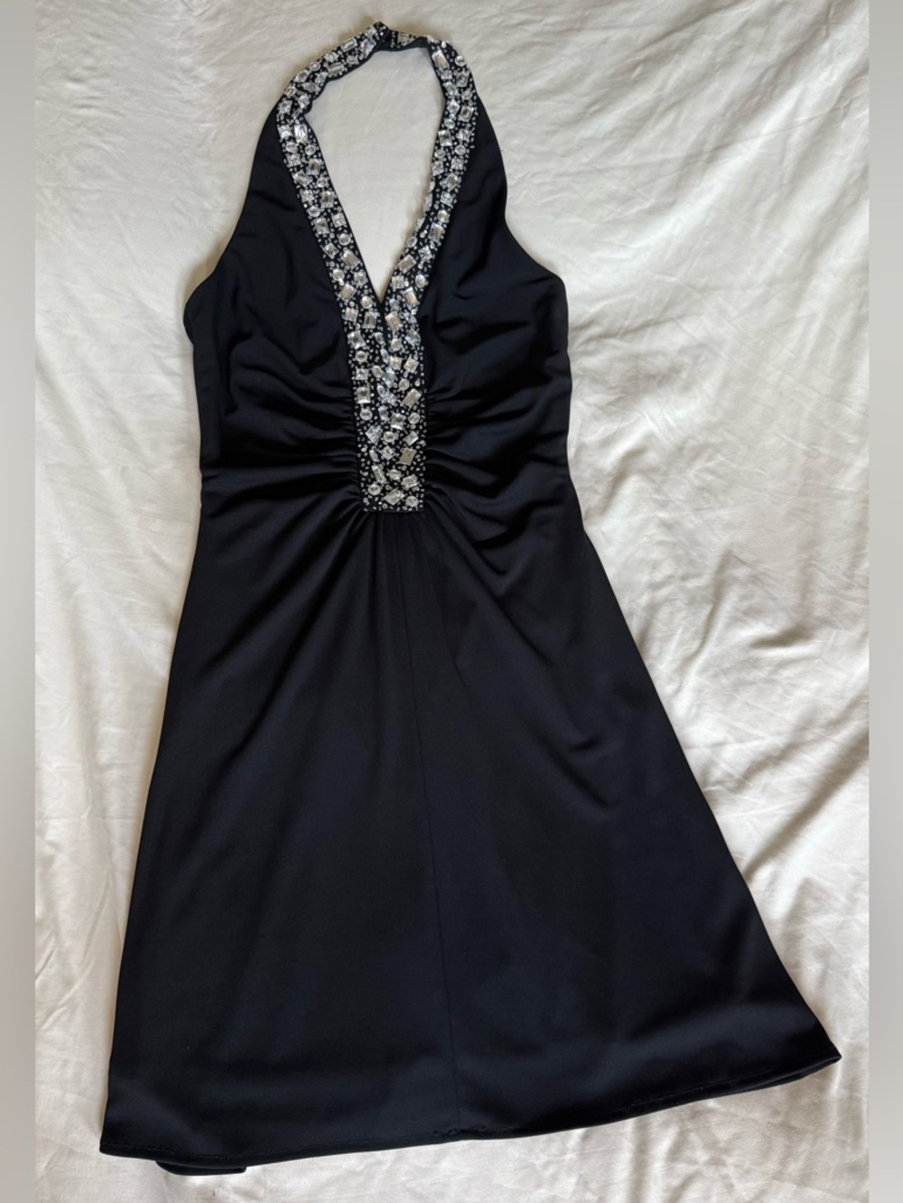 Black Halter Dress with Beaded V-Neck